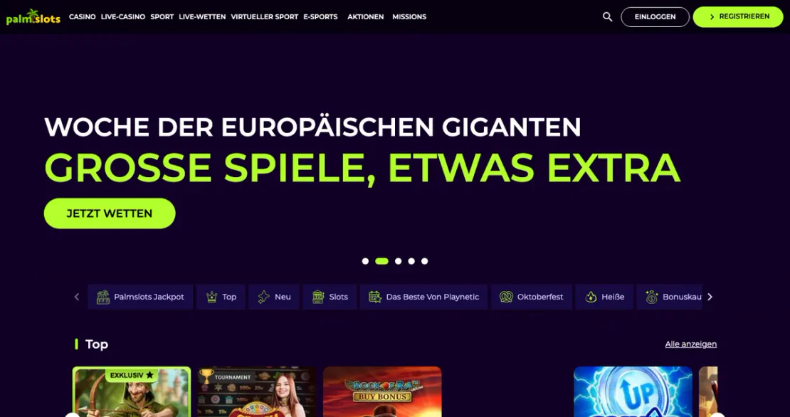 Casino-Lobby von palmslots.com: Slots auf der Startseite