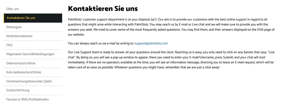 PalmSlots Casino Kundensupport & Kontakt
